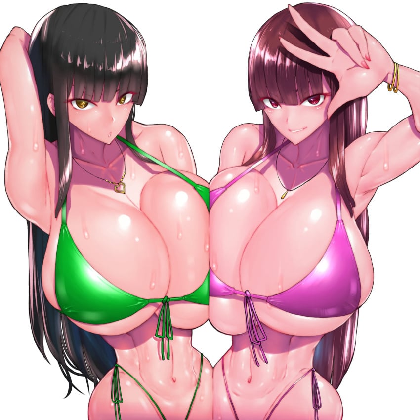 2girls big_breasts bikini boobs_bang brown_hair dark_hair huge_breasts multiple_girls white_background wolffeld_price