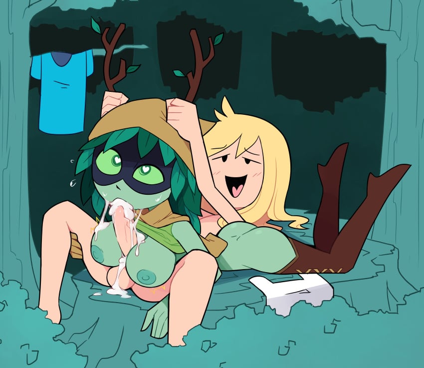 1boy 1girls 2020 absurd_res adventure_time antler_grab areolae ass blonde_hair blush boots branch breasts bush cartoon_network cum cum_in_mouth cum_on_breasts ejaculation fellatio female femboy femboy_on_female finn_the_human forced forced_oral forest grabbing green_hair green_skin hair heart-shaped_pupils highres huntress_wizard long_penis looking_pleasured looking_up male miscon nipples nude open_mouth oral oral_sex outdoors penis saliva straight testicles tree tree_stump veiny_penis