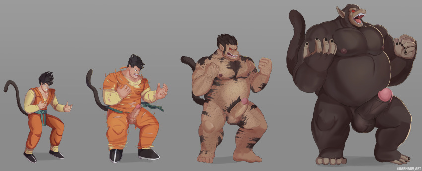 1boy absurd_res anthro barmaku brown_body brown_fur dragon_ball dragon_ball_z fur genitals haplorhine hi_res human_to_anthro male male_only mammal monkey monkey_boy monkey_feet nipples oozaru original_character penis prehensile_feet primate red_eyes simple_background solo species_transformation transformation