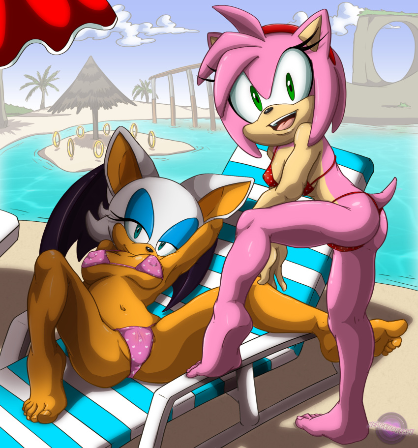 2girls amy_rose animal_ears ass bat bat_wings beach beach_chair big_ears bra breasts couple duo ear emerald_coast female female_only half-closed_eyes hedgehog hedgehoglove multiple_girls panties pink_fur pink_hair rings rouge_the_bat sand sea seaside sonic_(series) sonic_the_hedgehog_(series) summer thong top underwear water white_fur white_hair white_skin wings