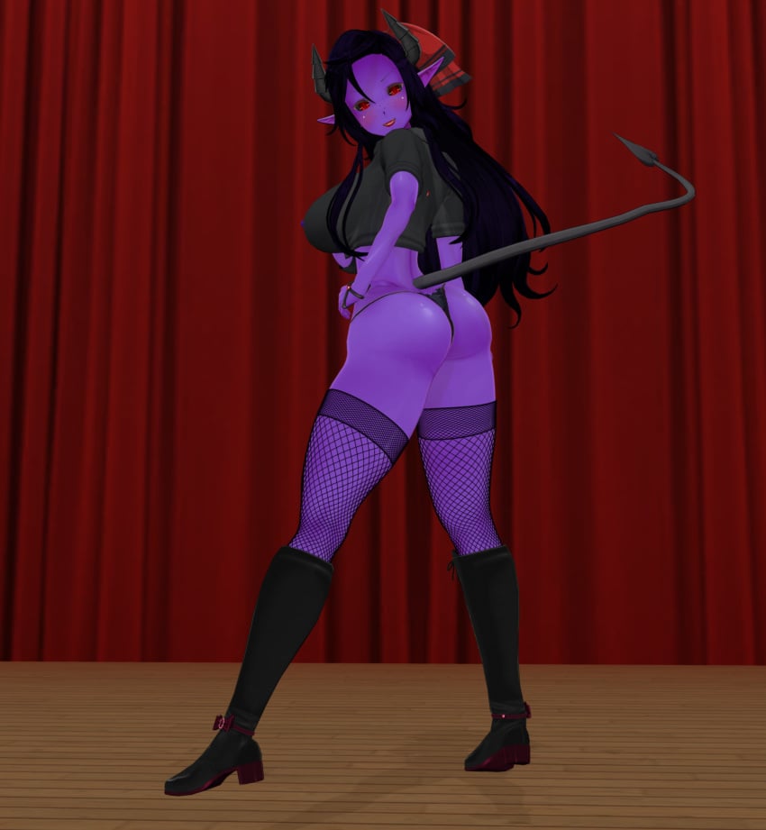 3d ass belly_gem blaasz black_sclera black_shirt blush boots choker demon_girl demon_horns demon_tail exposed_breasts fishnet_stockings fishnets hair_ribbon horns long_hair looking_at_viewer navel_piercing nipples open_shirt panties pointy_ears posing presenting presenting_hindquarters purple_hair purple_nipples purple_skin red_eyes revealing_clothes scala_talsi simple_background sitting spade_tail stage standing stockings succubus tail thighhighs