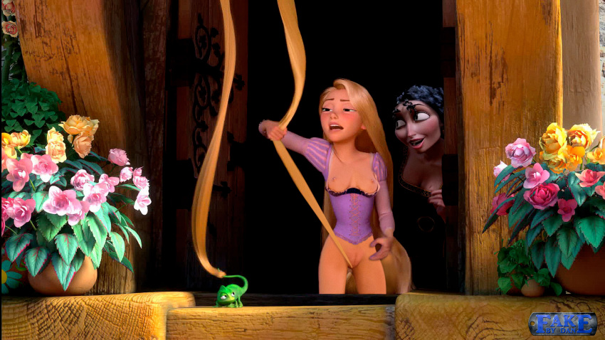 breasts breasts_out clothing crotch_rope disney disney_princess fakebydan flowers long_hair mother_gothel nipples no_panties pascal_(tangled) rapunzel rope tangled tower window