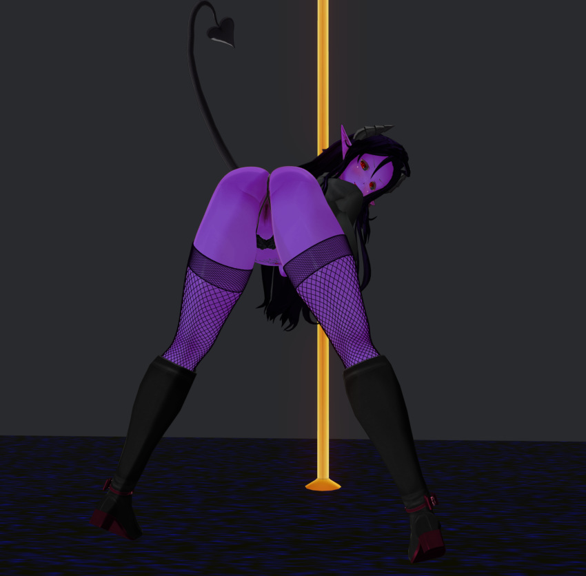 3d ass bedroom_eyes belly_gem bent_over blaasz black_sclera black_shirt blush boots choker demon_girl demon_horns demon_tail female fishnet_stockings fishnets hair_ribbon horns long_hair looking_at_viewer navel_piercing panties pointy_ears posing presenting presenting_hindquarters presenting_pussy purple_hair purple_skin pussy red_eyes revealing_clothes scala_talsi simple_background sitting smile smiling solo solo_female spade_tail stage stockings stripper_pole succubus succubus_tattoo tail thighhighs