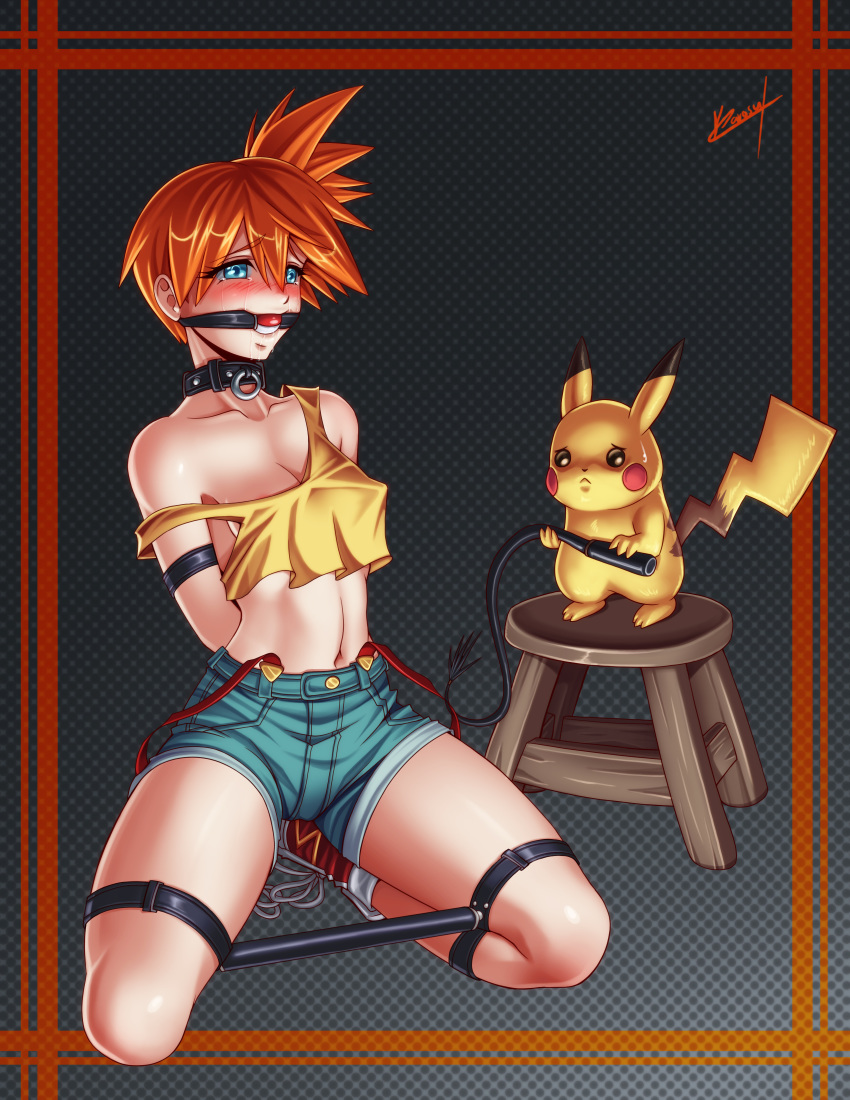 1girls arms_behind_back ball_gag blush bondage collar gag gagged karosu-maker karosumaker kasumi_(pokemon) kneeling nintendo orange_hair pikachu pokémon_(species) poke_ball_gag pokemon small_breasts spread_legs spreader_bar whip