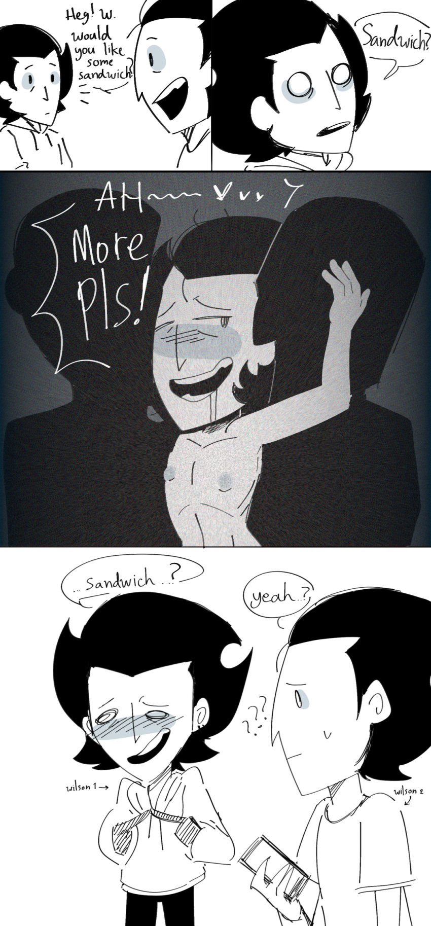 ??? black_hair blue_blush blue_nipples blush blush_lines blushing confused_look dirty_minded don't_starve don't_starve_together dont_starve dont_starve_together drool drool_on_face drool_string drooling flustered gay gay_sex hand_on_head hoodie klei_entertainment male/male/male male_only misunderstanding naked sandwich_position sandwiched shirtless tagme threesome twiddling_fingers white_body white_skin wilson_percival_higgsbury