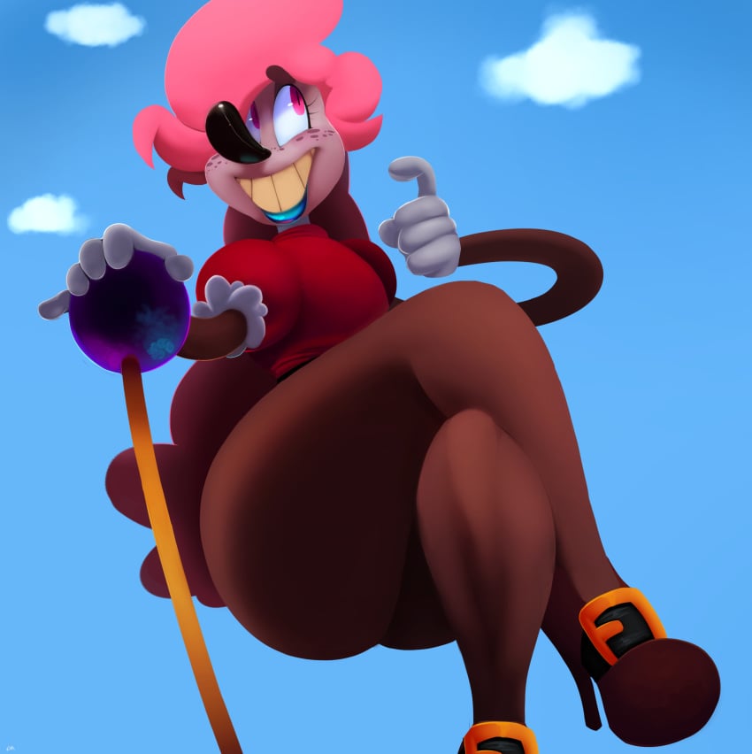 1boy absurd_res cane clothing clown crossed_legs dress freckles hi_res humanoid leggings legwear long_arms male male_only mrs._mayhem red_clothing red_dress sitting solo thick_thighs vimhomeless yellow_teeth