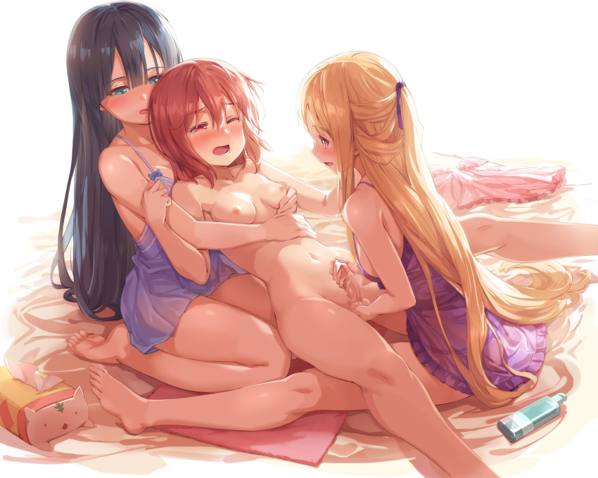 1futa 2girls ass ball_fondling bed black_hair blushing breast_hold censored cleavage discarded_clothing female female_on_futa futanari handjob held lingerie michairu negligee nightgown nipples no_bra nogi_sonoko nude pantsu red_hair see-through tagme thong tissue_box tougou_mimori undressed yellow_hair yuuki_yuuna yuuki_yuuna_wa_yuusha_de_aru