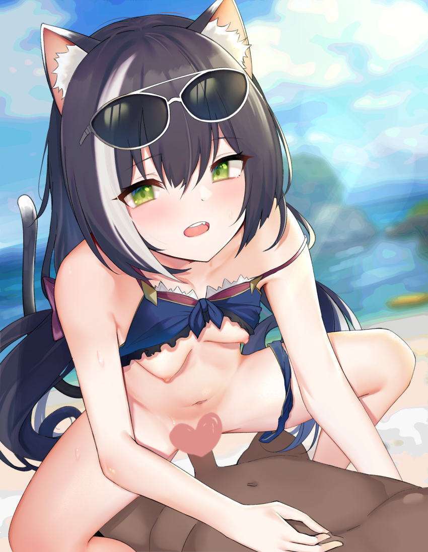 1boy 1girls absurdres amrita_(amber78gou) animal_ear_fluff animal_ears bangs bare_shoulders beach bikini bikini_lift black_bikini black_hair blue_sky blush breasts cat_ears cat_girl cat_tail censored collarbone cowgirl_position dark-skinned_male dark_skin eyewear_on_head female green_eyes heart_censor highres interracial karyl_(princess_connect!) kyaru_(princess_connect) light-skinned_female light_skin long_hair low_twintails multicolored_hair navel nipples nude open_mouth penis princess_connect! princess_connect!_re:dive sex shore sky small_breasts spread_legs straddling straight streaked_hair sunglasses swimsuit tail thighs twintails vaginal_penetration white-framed_eyewear