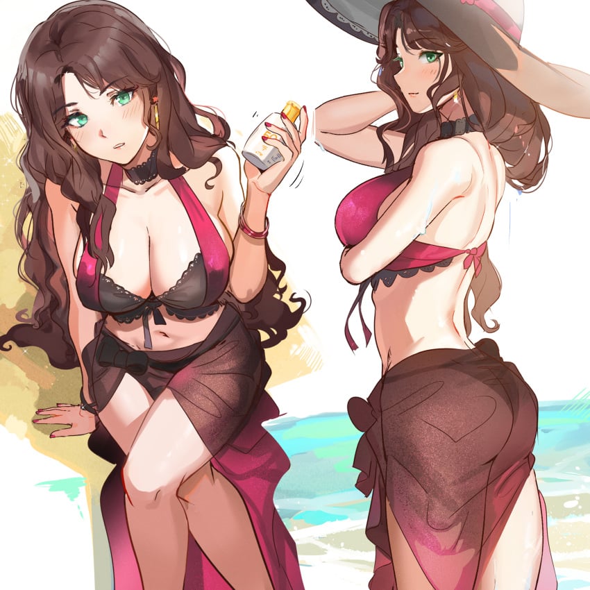 1girls ass back bangs bare_shoulders bikini blush breasts brown_hair cleavage collarbone commentary dorothea_arnault dorothea_arnault_(summer) female fire_emblem fire_emblem:_three_houses fire_emblem_heroes green_eyes hat highres large_breasts long_hair looking_at_viewer multiple_views navel nintendo official_alternate_costume ormille parted_lips sarong sitting solo sun_cream sun_hat swimsuit