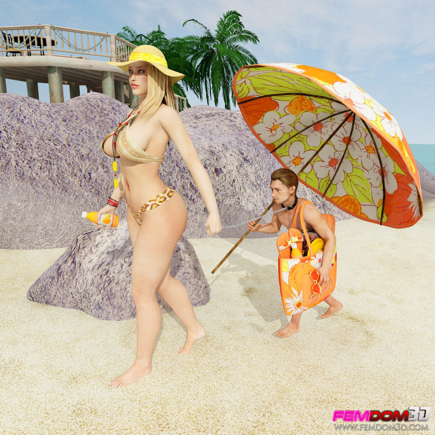 3d 3d_(artwork) beach big_breasts bikini blonde_hair collar curvy dominant_female domination dominatrix female_domination femdom femdom_3d humiliation leash leash_and_collar outdoor sand servant slave submissive_male summer umbrella white_skin worship