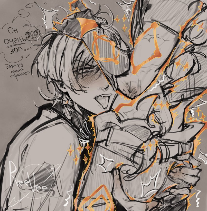 aether_(genshin_impact) grabbing grabbing_ass grabbing_hair grabbing_head grabbing_waist intense_stare kneeling licking licking_stomach looking_at_partner looking_pleasured overwhelmed reevee_v scaramouche_(genshin_impact) seductive seductive_look smug smug_expression smug_face smug_grin stare teasing teasing_partner tremble_lines tremble_spikes trembling trembling_legs waist waist_grab wanderer_(genshin_impact)