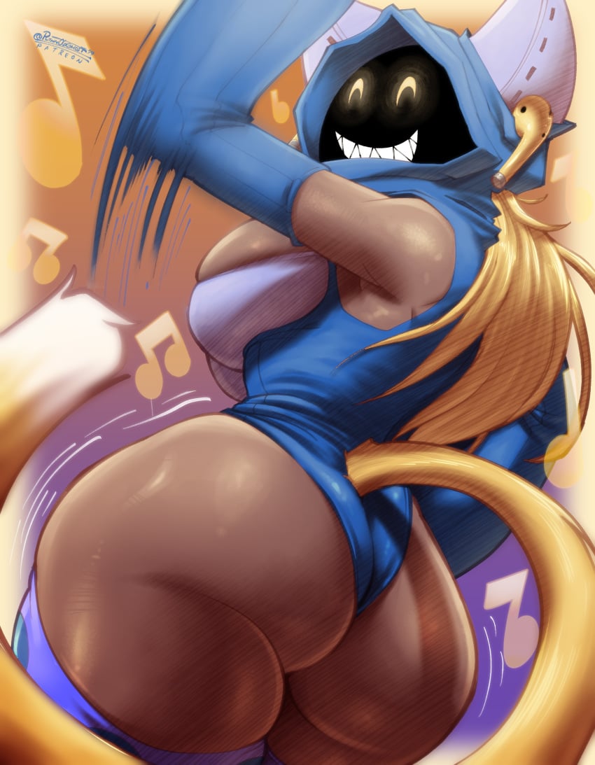 1girls 2019 airpods arc_system_works ass blazblue blonde_hair cat_ears cat_tail catgirl dancing dark-skinned_female dark_skin dat_ass face_covered fan_character happy hoodie kaka_(blazblue) kemonomimi large_ass long_hair music_note oc original original_character otokaka pltnm06ghost sharp_teeth shoooohhhh smile solo