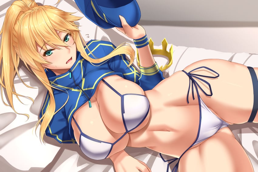 1girls 3:2_aspect_ratio ahoge akitsuki_karasu artoria_pendragon artoria_pendragon_(cu_chulainn_(fate)) ass_visible_through_thighs bangs baseball_cap bed bed_sheet bedroom bikini blonde_hair blue_headwear blue_jacket blush breasts bursting_breasts cameltoe cleavage cosplay cropped_jacket crown crown_removed deep_skin eyebrows_visible_through_hair fanbox_reward fate/grand_order fate_(series) female fingernails flying_sweatdrops green_eyes groin hair_between_eyes hand_up hat hat_removed headwear_removed high_resolution holding holding_hat holding_object huge_breasts indoors jacket large_breasts leg_ribbon long_hair looking_at_viewer lying micro_bikini midriff mysterious_heroine_xx mysterious_heroine_xx_(foreigner) navel oerba_yun_fang on_bed on_side open_mouth paid_reward pillow ponytail ribbon shiny shiny_skin shrug_(clothing) side-tie_bikini sidelocks skin_fang skindentation solo stomach strap_gap string_bikini swimsuit thigh_strap tied_hair underboob white_bikini white_swimsuit wristband zipper zipper_pull_tab