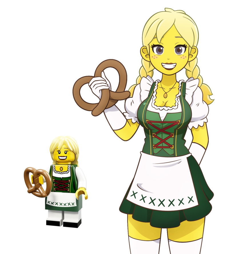 blonde_hair cleavage dirndl freckles gloves holding_object lego lego_minifigures minifigures_series_11 pretzel_girl skirt starlordrockz stockings tracht twintails white_background