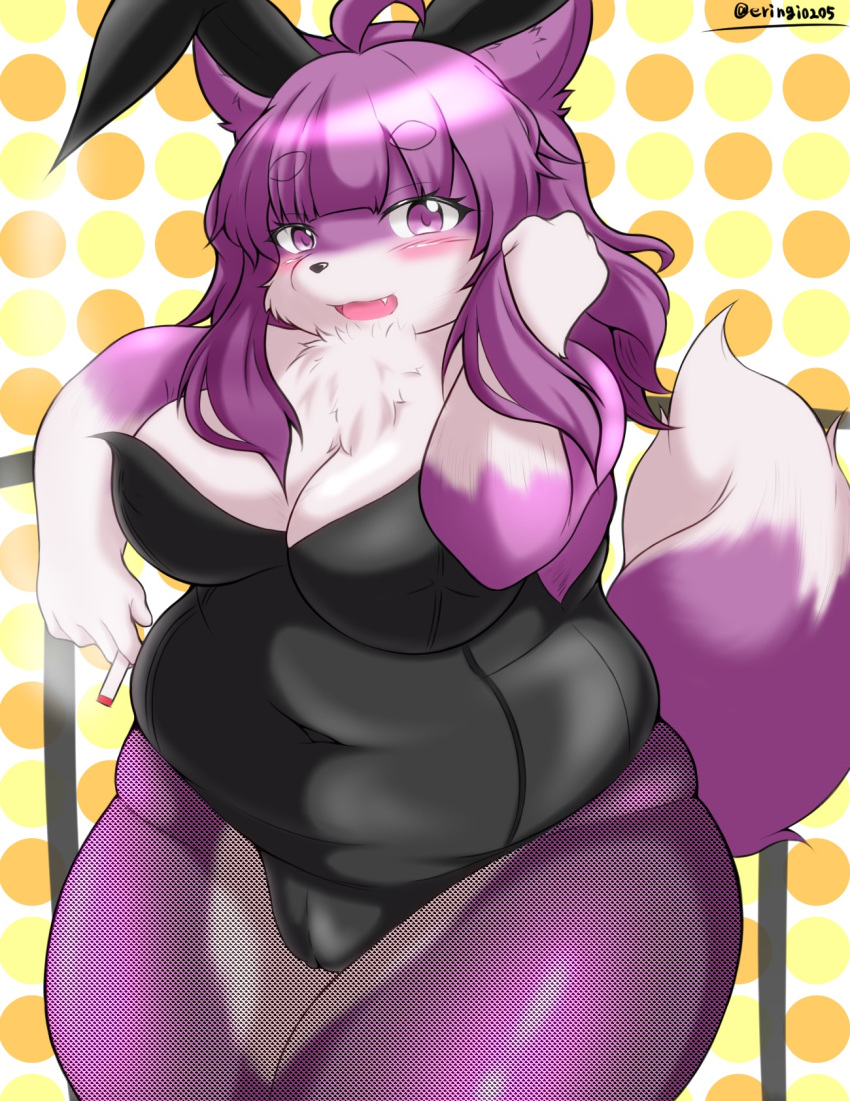 1girls ahoge anthro belly big_breasts black_nose blush breasts bunny_costume cameltoe canid canine chest_tuft cigarette cleavage clitoris_outline clothed clothing costume curvy_figure deep_navel dipstick_tail eringi fake_animal_ears fake_ears fake_rabbit_ears female female_only fishnet fishnet_legwear fox fur gloves_(marking) hair hi_res holding_cigarette holding_object kemono legwear long_hair looking_at_viewer mammal markings monotone_hair multicolored_body multicolored_fur multicolored_tail navel obese one-piece_swimsuit open_mouth open_smile overweight overweight_female pattern_background purple_body purple_eyes purple_fur purple_hair simple_background smile smoke smoking solo standing swimwear thick_thighs tight_clothing tuft two_tone_body two_tone_fur voluptuous white_body white_fur wide_hips