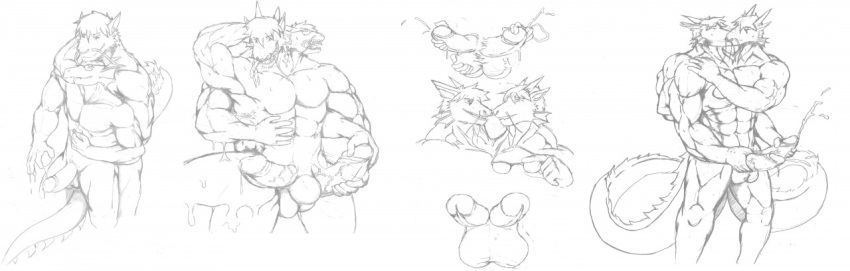 1boy 2boys anthro balls conjoined diphallia diphallism dragon duo erection genitals gingatokkyu kissing male male/male masturbation merging monochrome morrisor multi_arm multi_balls multi_genitalia multi_head multi_limb multi_penis multi_tail muscular muscular_male penis simple_background standing thick_tail transformation zooks