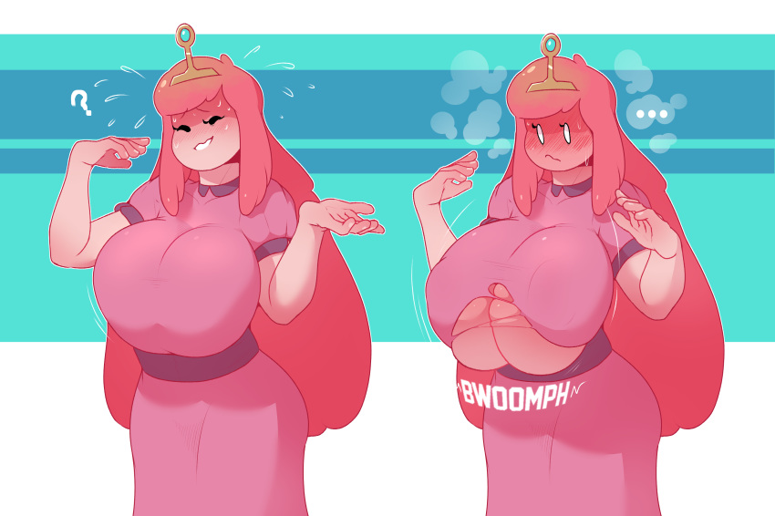 1girls adventure_time big_ass big_breasts blush breast_expansion breasts bursting_breasts cleavage dabble female female_only flustered fully_clothed huge_breasts large_breasts princess_bubblegum solo sweat sweatdrop torn_clothing underboob wardrobe_malfunction