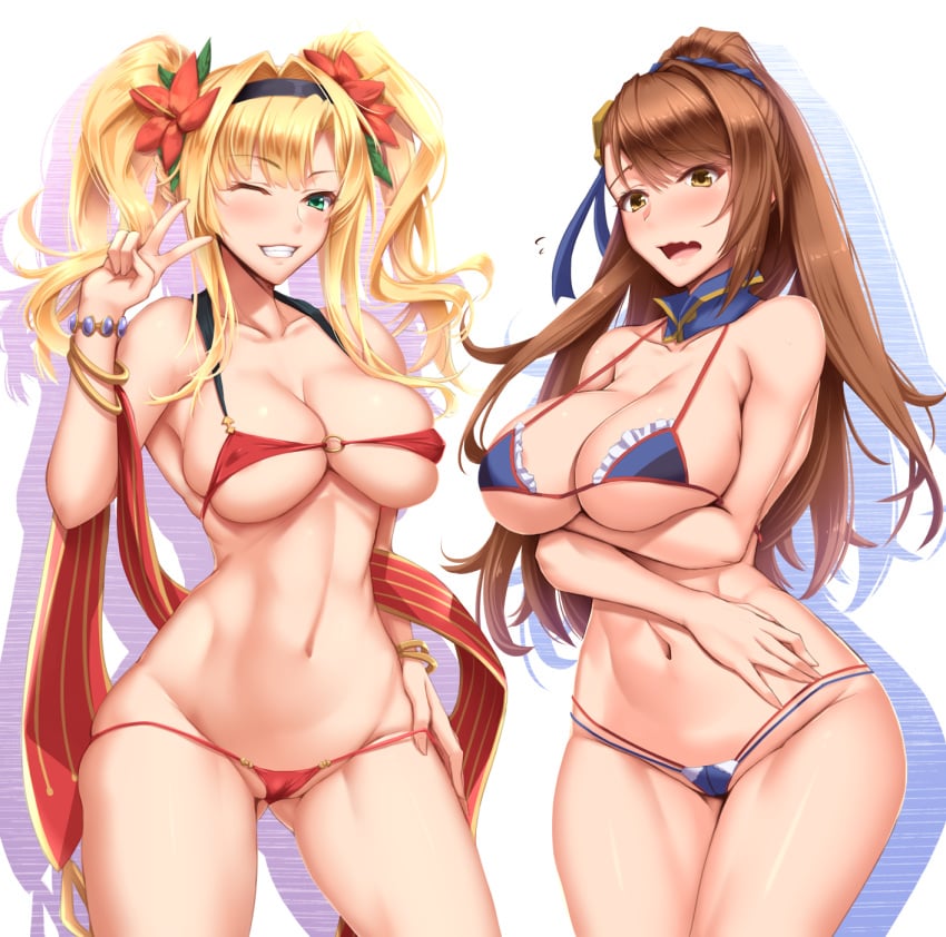 2girls ;d akitsuki_karasu arms_under_breasts asymmetrical_bangs bangle bangs bare_shoulders beatrix_(granblue_fantasy) bikini blonde_hair blue_bikini blue_eyes blush bracelet breasts brown_eyes brown_hair cameltoe clavicle cleavage contrapposto cowboy_shot detached_collar embarrassed erect_nipples erect_nipples_under_clothes exhibitionism eyewear_on_head female female_only flower flying_sweatdrops gluteal_fold granblue_fantasy green_eyes grin groin hair_flower hair_ornament hair_ribbon hair_scrunchie hairband hibiscus high_resolution jewelry large_breasts long_hair looking_at_viewer lowleg lowleg_bikini micro_bikini multiple_girls navel nipples o-ring o-ring_top one_eye_closed open_mouth ponytail red_bikini ribbon scrunchie sidelocks simple_background slender_waist smile standing stomach swept_bangs swimsuit thighs tied_hair toned twintails underboob v white_background wink zeta_(granblue_fantasy)