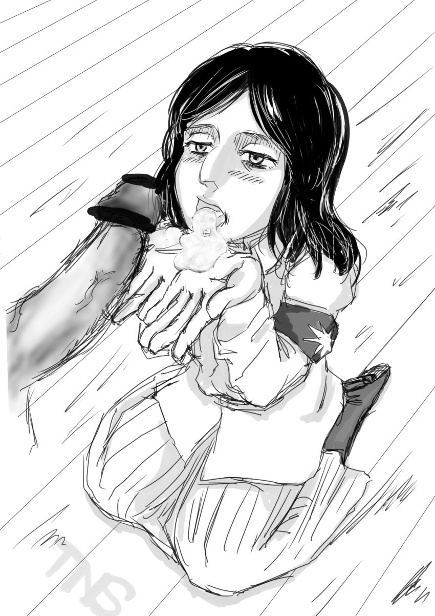 after_oral attack_on_titan bags_under_eyes blowjob blush censored clothing cum cum_in_mouth eldian_armband eldian_flag eyelashes fellatio female female_soldier half-closed_eyes kneeling long_skirt looking_at_another on_knees open_mouth oral penis pieck_finger shingeki_no_kyojin sketch spits submissive_female tired_eyes tns tongue_out