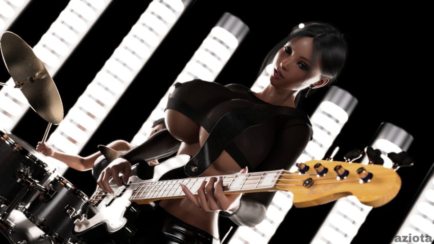 3d big_breasts bimbo black_hair guitar hourglass_figure lacey large_breasts latex musical_instrument nipples_visible_through_clothing shiny_skin taziota underboob