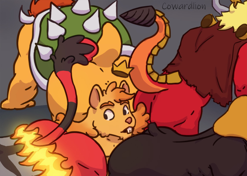 anthro ass bara bowser butt_focus cowardlion crossover crown drum_bunker_dragon future_card_buddyfight group incineroar koopa male male/male male_only mammal mario_(series) murid murine nintendo pokémon_(species) pokemon rat rodent scalie simple_background surrounded video_games