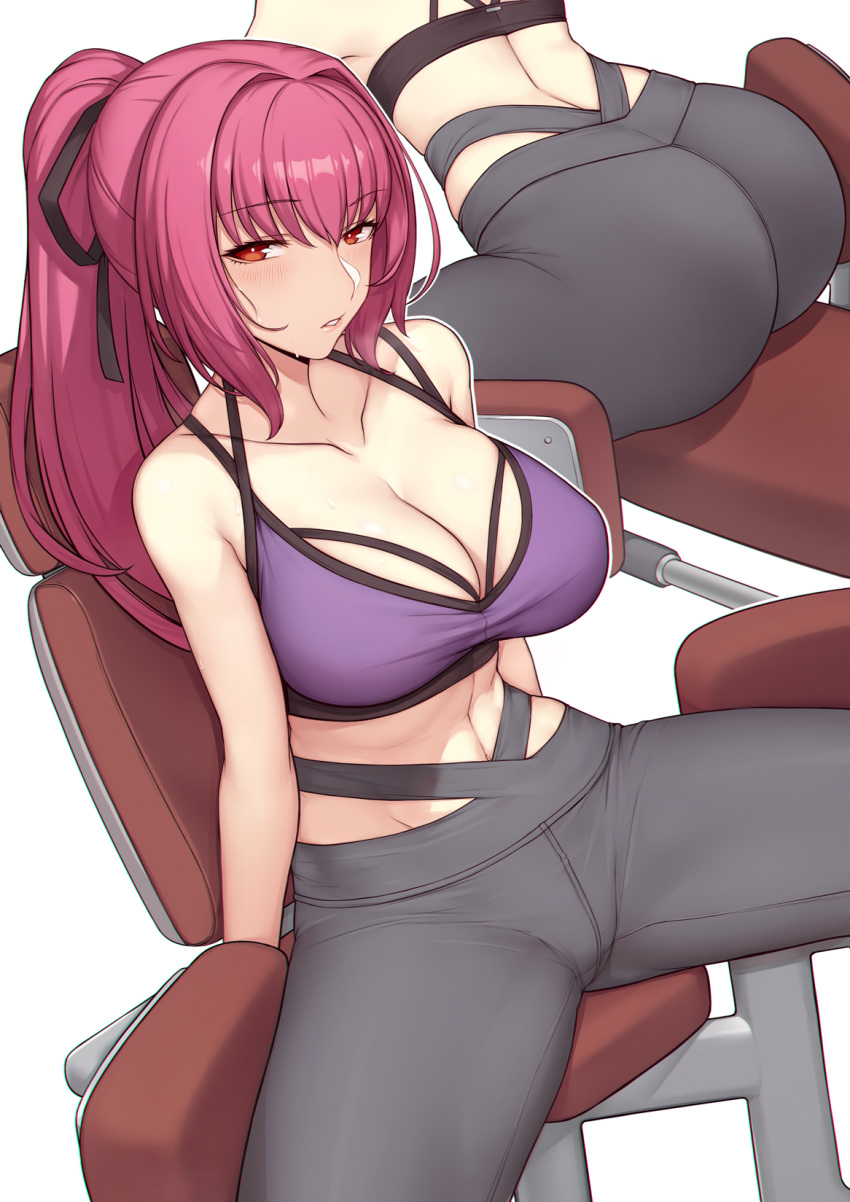 abs breasts evan_yang exercise fate_(series) large_breasts looking_at_viewer purple_hair scathach_(fate) sports_bra spreading_legs working_out yoga_pants