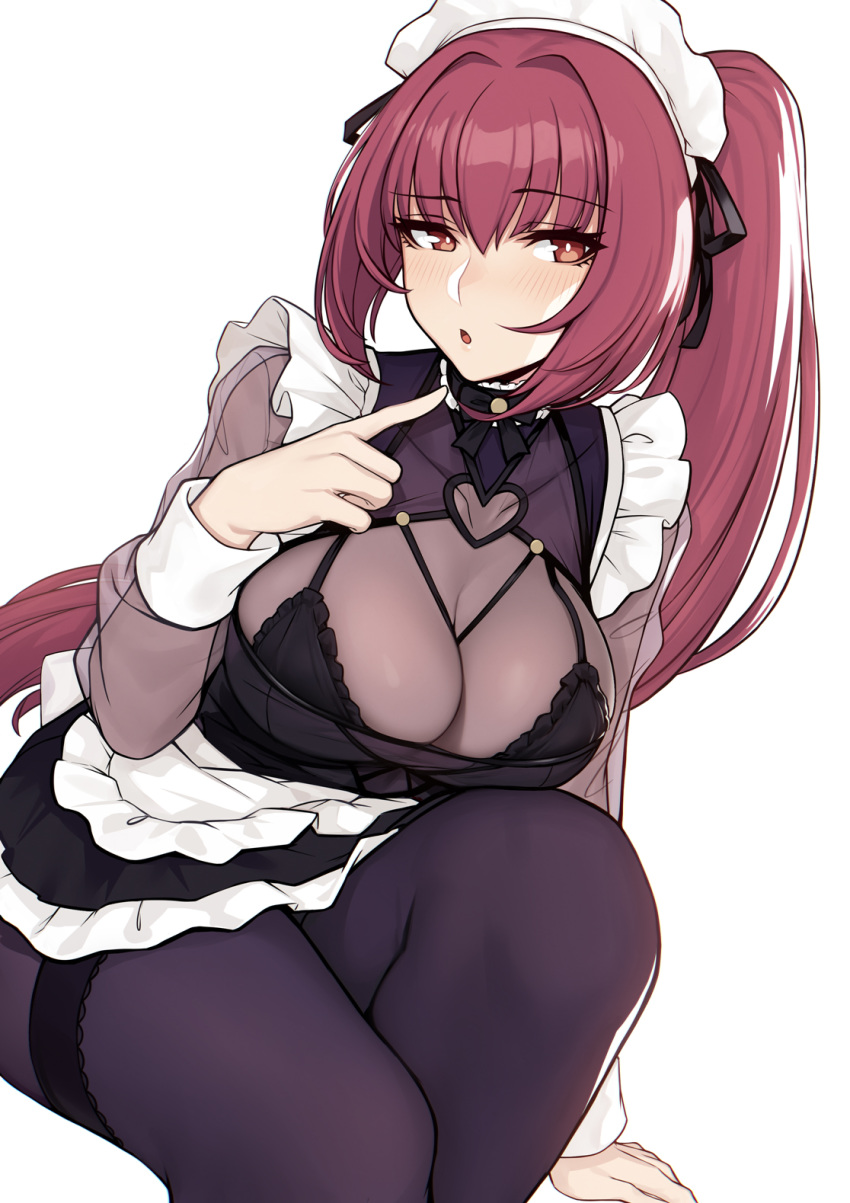 blush breasts brown_eyes evan_yang fate_(series) looking_away maid maid_outfit purple_hair raised_eyebrows scathach_(fate) thighs