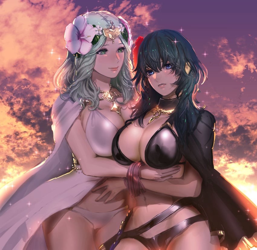 2girls belly big_breasts bikini black_bikini black_swimsuit blue_eyes blue_hair byleth_(fire_emblem) byleth_(fire_emblem)_(female) byleth_(summer)_(fire_emblem)_(female) cleavage duo female/female female_only fire_emblem fire_emblem:_three_houses fire_emblem_heroes green_eyes green_hair holding_breasts huge_breasts large_breasts long_hair midriff navel nintendo older_female qnqz89n rhea_(fire_emblem) rhea_(summer)_(fire_emblem) rhealeth swimsuit thick_thighs thighs white_bikini white_swimsuit yuri