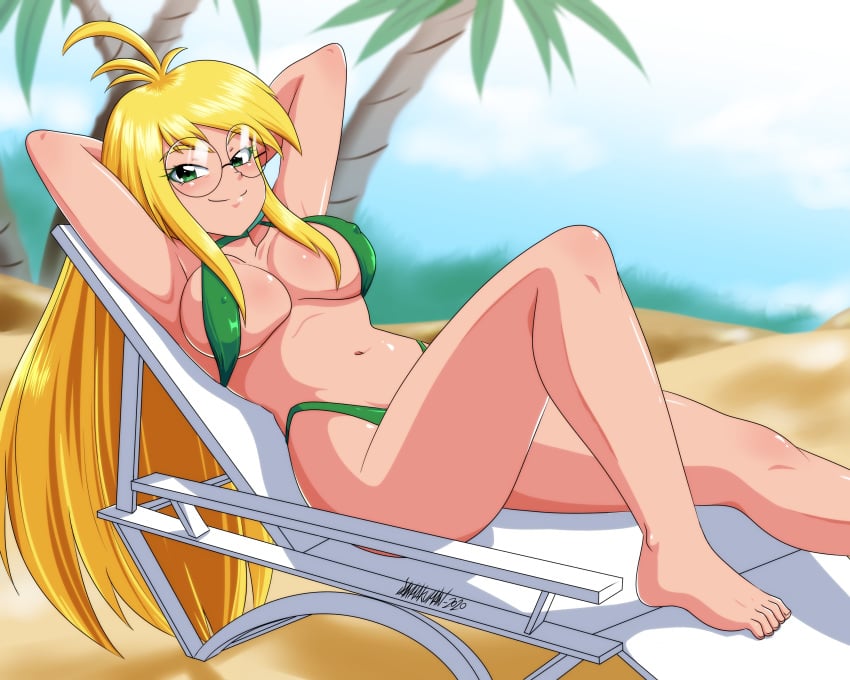 1girls absurd_res agatha_heterodyne armpits arms_behind_head arms_up bare_legs barefoot beach big_breasts bikini blonde_hair blush bocas_top breasts chair cleavage closed_mouth clothing color covered_nipples danmakuman deck_chair eyebrows eyebrows_visible_through_hair eyewear feet female female_focus female_only girl_genius glasses green_bikini green_eyes halter_top halterneck highres human human_only large_breasts long_hair looking_at_viewer lounge_chair lying midriff navel nipples_visible_through_clothing on_back outdoors outside palm_tree round_eyewear sand shiny_skin sidelocks skimpy_bikini smile solo solo_female solo_focus sunbathing sunny swimsuit swimwear very_long_hair