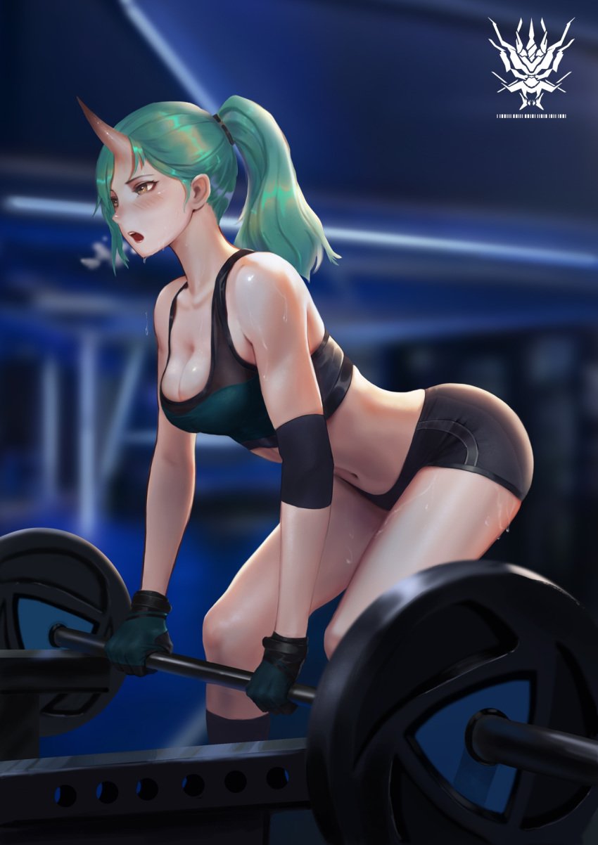 arknights big_ass big_breasts blush breasts female green_hair gym_uniform horn hoshiguma_(arknights) jsy long_hair ponytail simple_background sports_bra sweat tagme weights yellow_eyes