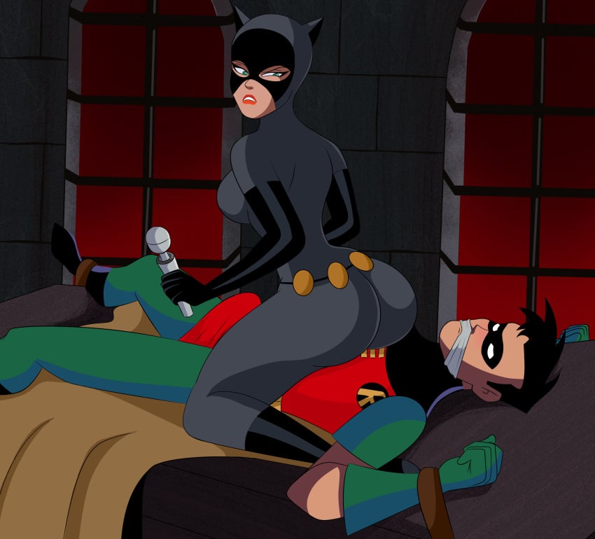 age_difference aroused batman:_the_animated_series batman_(series) big_breasts breasts catwoman catwoman_(dcau) dc dc_comics dcau dick_grayson erection female female_on_top looking_at_partner looking_back male mature_female robin_(dc) robin_(dick_grayson) sonson-sensei straight thick_thighs