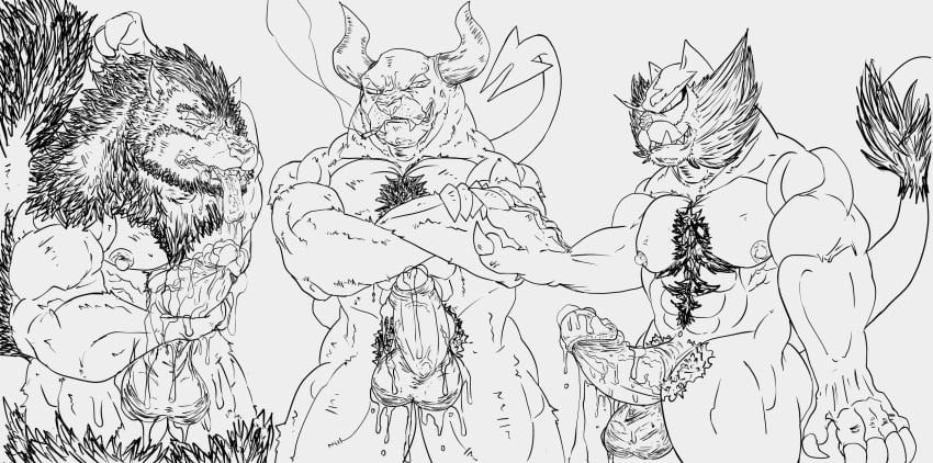 anthro arcanine bara hi_res houndoom incineroar male_only monochrome nintendo pokemon pokemon_(species) san_jaguar video_games yaoi