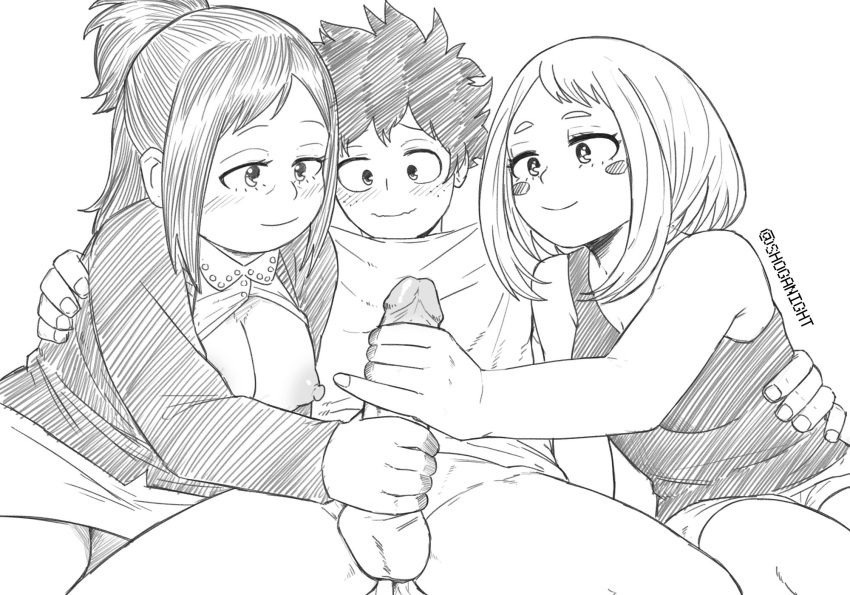 1boy 2girls balls blush breasts brown_eyes brown_hair chubby colorless double_handjob erect_nipples erection green_eyes green_hair half_dressed handjob handjob_gesture happy happy_sex incest inko_midoriya izuku_midoriya long_hair mature_female milf mother mother_and_son my_hero_academia nipples ochako_uraraka penis rosy_cheeks shoganight shorts sketch skirt smile testicles vest