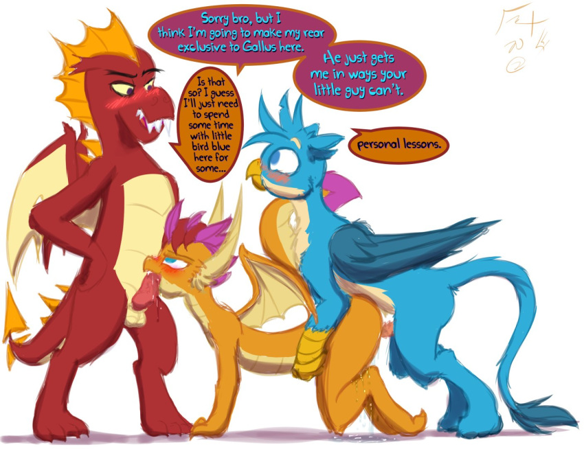 anthro anthro_on_feral avian blush brother brother_and_sister double_penetration dragon english_text erection fangs female feral friendship_is_magic frist44 furry gallus_(mlp) garble_(mlp) genitals group group_sex gryphon hasbro incest male male/male membrane_(anatomy) membranous_wings my_little_pony mythological_avian mythology nude obscured_penetration oral penetration penis sex sibling sister smolder_(mlp) straight text threesome white_background wings yaoi