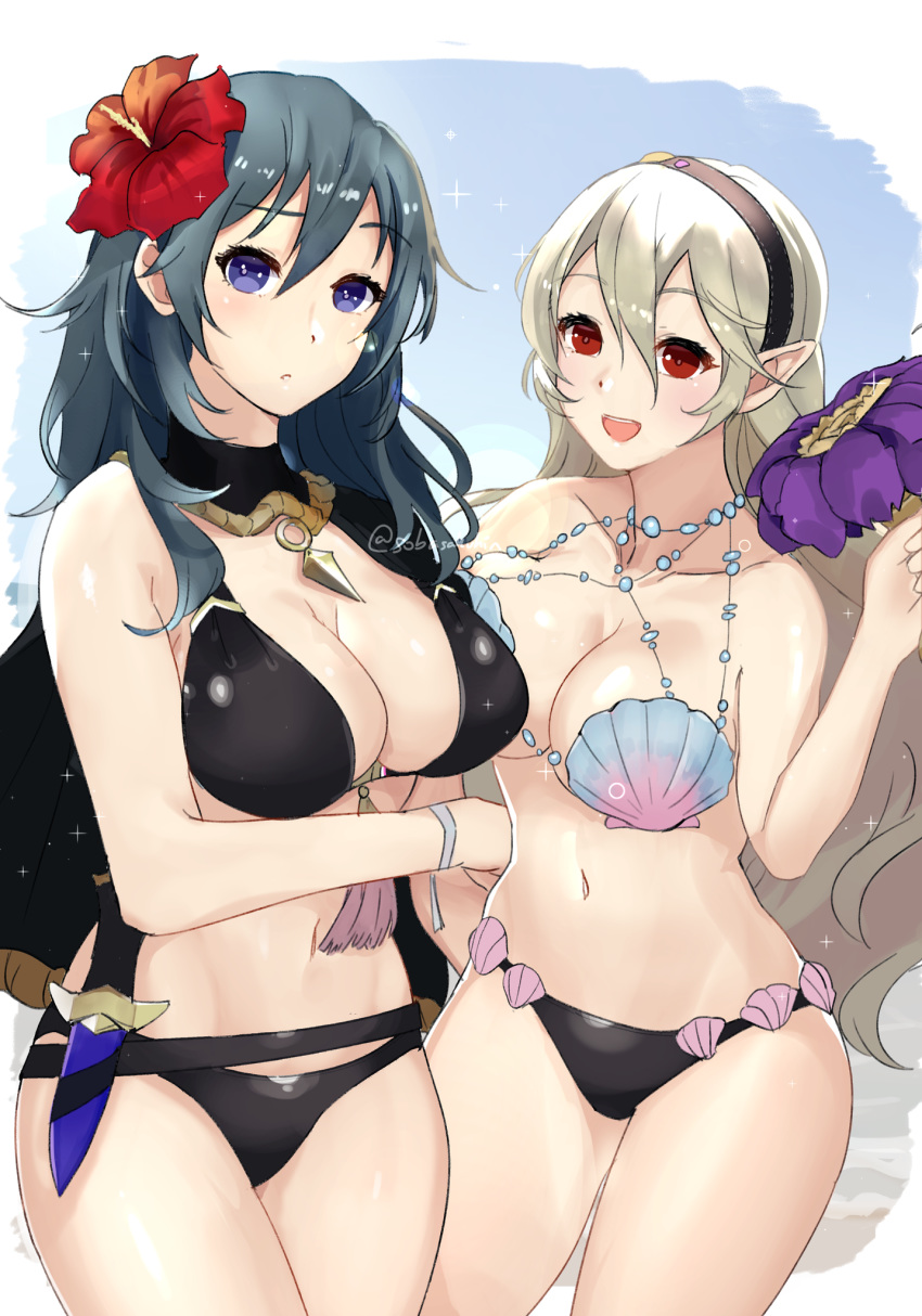 2girls bare_legs bare_shoulders bikini black_bikini black_swimsuit blue_eyes byleth_(fire_emblem) byleth_(fire_emblem)_(female) byleth_(summer)_(fire_emblem)_(female) cleavage corrin_(fire_emblem) corrin_(fire_emblem)_(female) corrin_(summer)_(fire_emblem)_(female) dagger female_only fire_emblem fire_emblem:_three_houses fire_emblem_cipher fire_emblem_fates fire_emblem_heroes flower flower_in_hair hartman_hips knife large_breasts long_hair looking_at_viewer manakete multiple_girls nintendo open_smile pointy_ears raised_eyebrows red_eyes shell shell_bikini smile sobasakuhin swimsuit teal_hair video_game video_game_character video_games