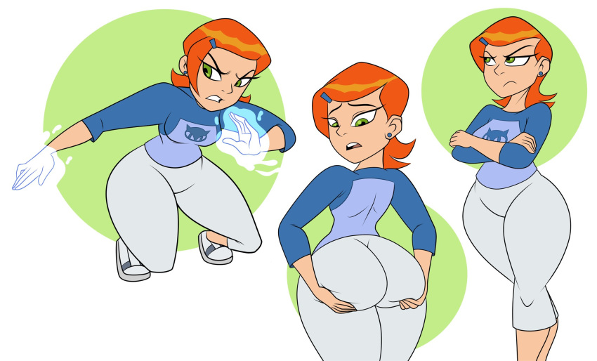 1girls ben_10 big_ass capri_pants cartoon_network dat_ass female female_only green_eyes gwen_tennyson hauchy_mauche orange_hair red_hair short_hair small_breasts solo solo_female solo_focus thick_thighs