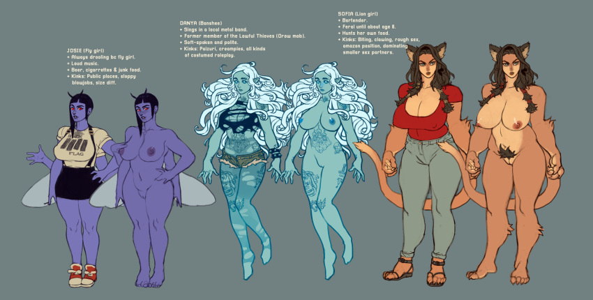 3girls 4_arms anthro banshee character_sheet clothed curvy description dinerforwolves drool english_text fly_girl full_body furry ghost_girl glowing_eyes grey_background hairy_pussy huge_breasts large_breasts large_female lion_girl lion_tail monster_girl multi_arm multi_limb nude on_off original_character pubic_hair purple_skin red_eyes sketch standing thick_thighs undressed wavy_hair white_hair