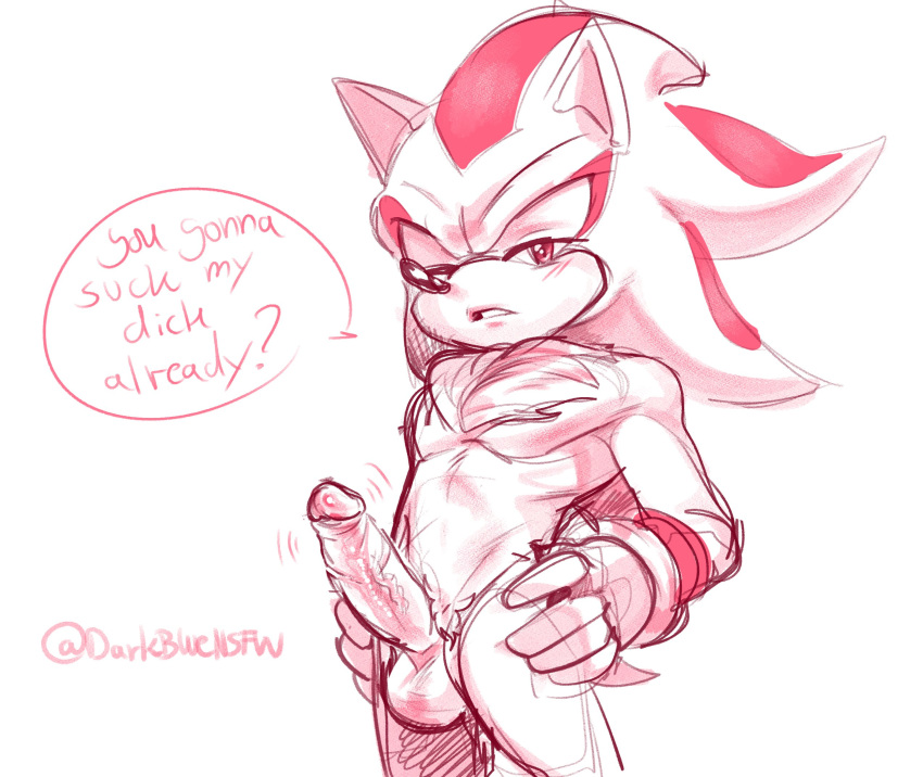 anthro balls chest_tuft clothing darkblue erection eulipotyphlan fur genitals gloves hair hands_on_hips handwear hedgehog hi_res male male_only mammal pecs penis red_body red_fur red_hair shadow_the_hedgehog solo solo_male sonic_(series) sonic_the_hedgehog_(series) speech_bubble standing tuft