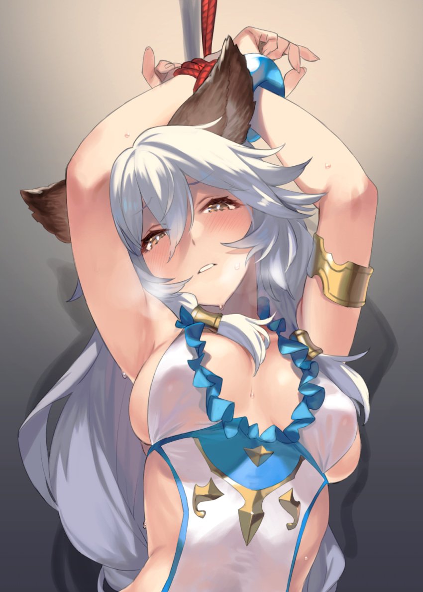 1girls 92m animal_ears armpits arms_tied arms_up blush granblue_fantasy heles large_breasts sideboob solo sweat tied_up