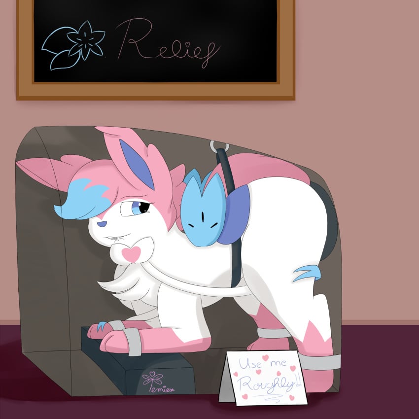 1:1 ass ass_up bite biting_lip bound breeding_mount breeding_mount_with_someone_inside eeveelution female feral glory_hole hi_res hybrid legendary_pokemon mammal nintendo pokémon_(species) pokemon pokemon_(species) public public_use restrained shaymin sign submissive submissive_female sylveon temiest video_games