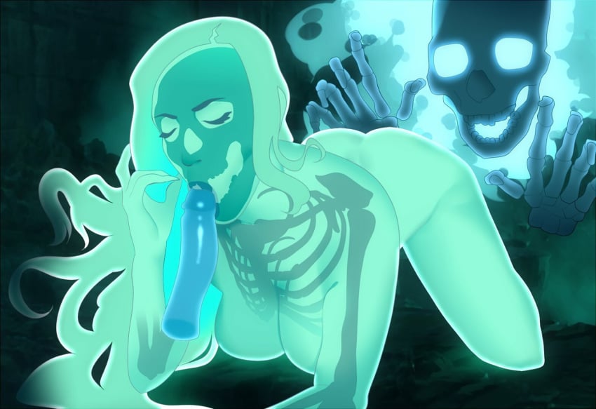 1girls all_fours blue_penis boggle closed_eyes disembodied_penis fellatio ghost glowing large_breasts long_hair nude oral sex skeleton skull transparent_body undead visible_skeleton