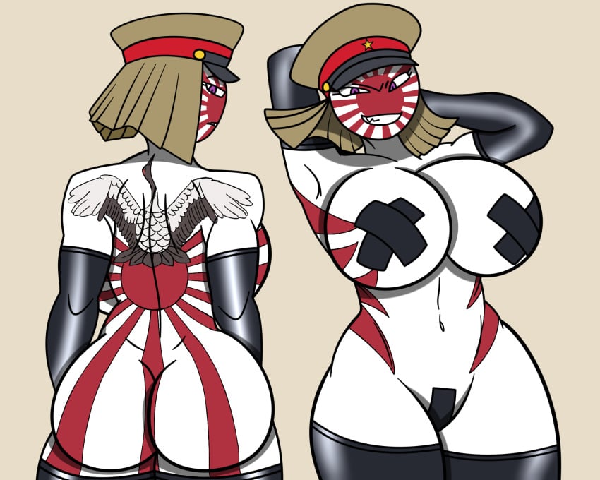 anthro arms_behind_head ass big_ass big_breasts bird_tattoo breasts countryhumans countryhumans_girl ech0chamber female female_only front_and_back gloves half_naked hidden_breasts hidden_pussy huge_ass huge_breasts japan japanese_empire_(countryhumans) japanese_flag maebari milf nipple_tape pasties solo solo_female tape tattoo white_skin white_skinned_female