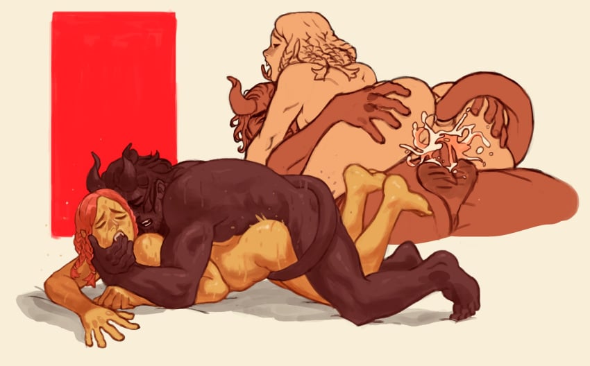 1boy 1girls ass cum cum_in_pussy cum_inside dark-skinned_male dark_skin dinerforwolves double_penetration feet female finger_in_mouth male male/female nude orc orc_female pink_hair sex sketch tail_insertion tail_sex vaginal_penetration wet