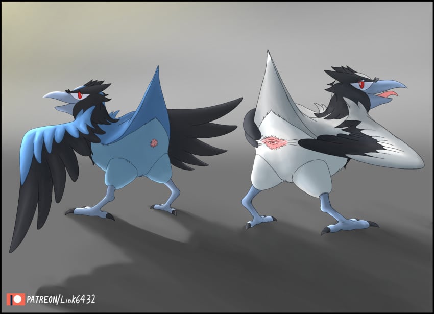 2020 animal_genitalia ass_up avian black_border blue_body border cloaca corvisquire duo female feral genitals gradient_shading hi_res link6432 looking_at_viewer nintendo open_mouth pokémon_(species) pokemon pokemon_ss pussy shiny_pokémon shiny_pokemon signature simple_background spread_pussy spreading video_games white_body