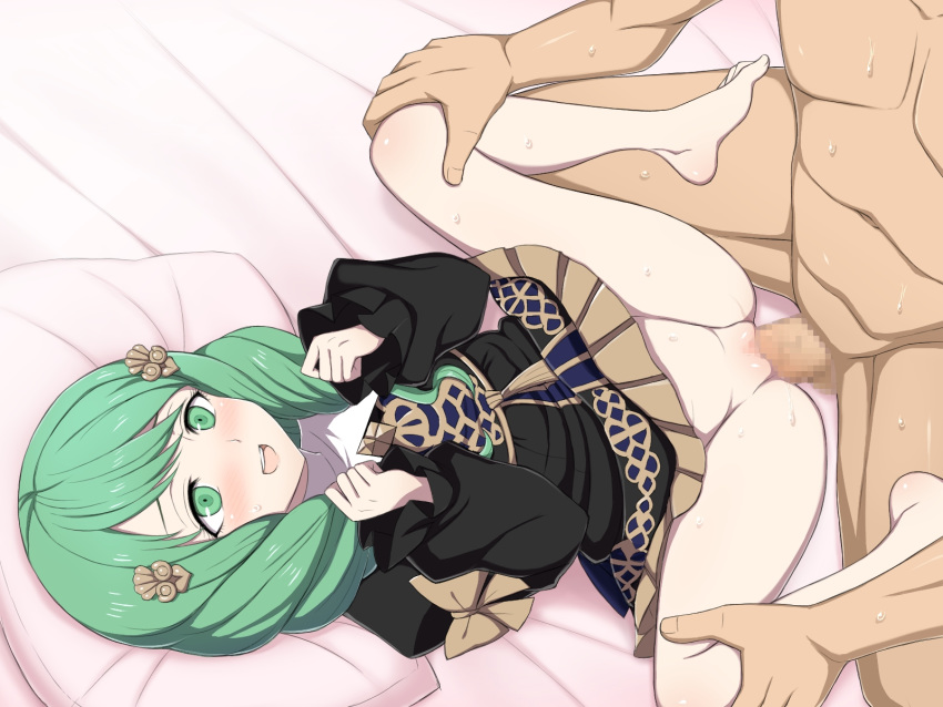 1boy barefoot bow censored clothed_sex female fire_emblem fire_emblem:_three_houses flayn_(fire_emblem) garreg_mach_monastery_uniform green_eyes green_hair hair_ornament highres long_hair long_sleeves lying nabatean_(fire_emblem) nintendo on_back open_mouth penis pillow sex solo_focus spread_legs uniform vaginal_penetration yaomai