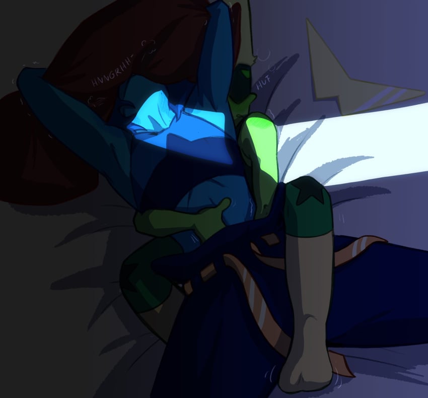 2girls barnsinbin belt blue_skin clothed_sex female_only fingering_under_clothes green_skin lapis_lazuli_(steven_universe) multiple_girls pants peridot_(steven_universe) pillow reach_around sex shadow steven_universe suggestive yuri