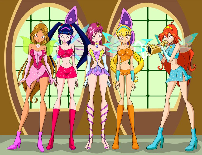 5girls accurate_art_style bloom_(winx_club) breasts charmix cleavage enchantix fairies fairy fairy_wings female female_only flora_(winx_club) hi_res high_heels hypnotic_music jimryu long_hair looking_at_viewer mind_control multiple_girls musa musa_(winx_club) musical_instrument open_toe_shoes playing_instrument png rainbow_(animation_studio) standing stella_(winx_club) tecna tecna_(winx_club) thin_waist winx_club