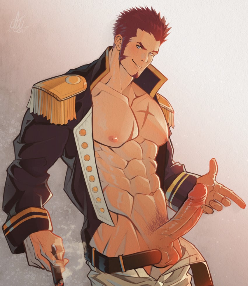 1boy abs bara belt blue_eyes blush brown_hair chest cigar collar deadbeatincubus epaulettes erection facial_hair fate/grand_order fate_(series) fringe_trim goatee highres jacket long_sleeves looking_at_viewer male_focus male_only male_pubic_hair military muscle napoleon_bonaparte_(fate) open_clothes open_jacket open_shirt pants pectorals penis pubic_hair scar sideburns simple_background smile solo testicles unbuttoned uniform