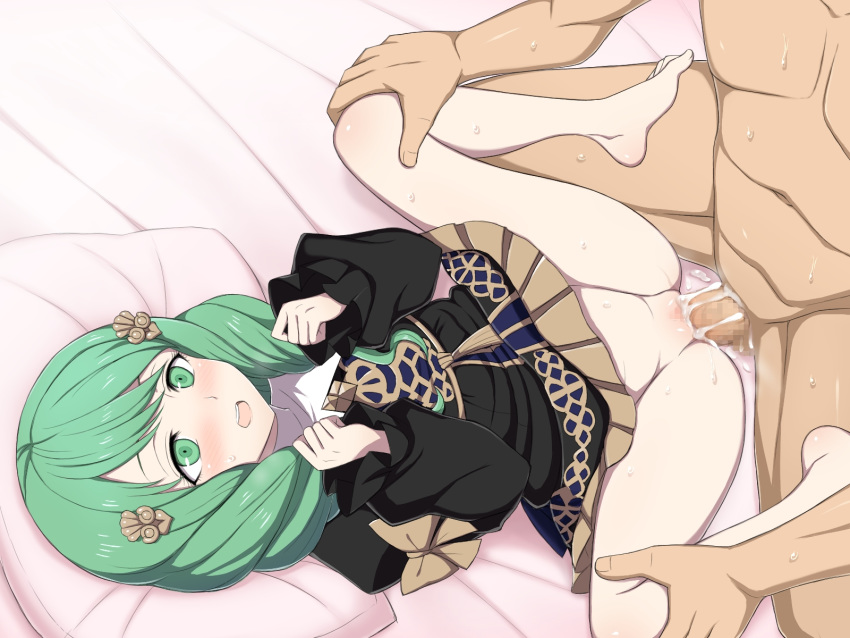 1boy barefoot bow censored clothed_sex cum cum_in_pussy female fire_emblem fire_emblem:_three_houses flayn_(fire_emblem) garreg_mach_monastery_uniform green_eyes green_hair hair_ornament highres long_hair long_sleeves lying nabatean_(fire_emblem) nintendo on_back open_mouth penis pillow sex solo_focus spread_legs uniform vaginal_penetration yaomai