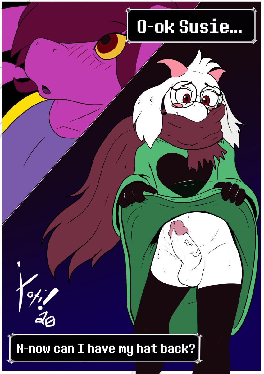 1boy 1girls absurd_res anthro anthro_on_anthro balls blush clothing deltarune duo erection eyewear female female_anthro femboy femboy_on_female flashing genitals glasses gloves handwear hi_res horn legwear male male_anthro male_focus penis ralsei robe_lift scarf skinny solo_focus stockings straight susie_(deltarune) video_games xoti_(artist)